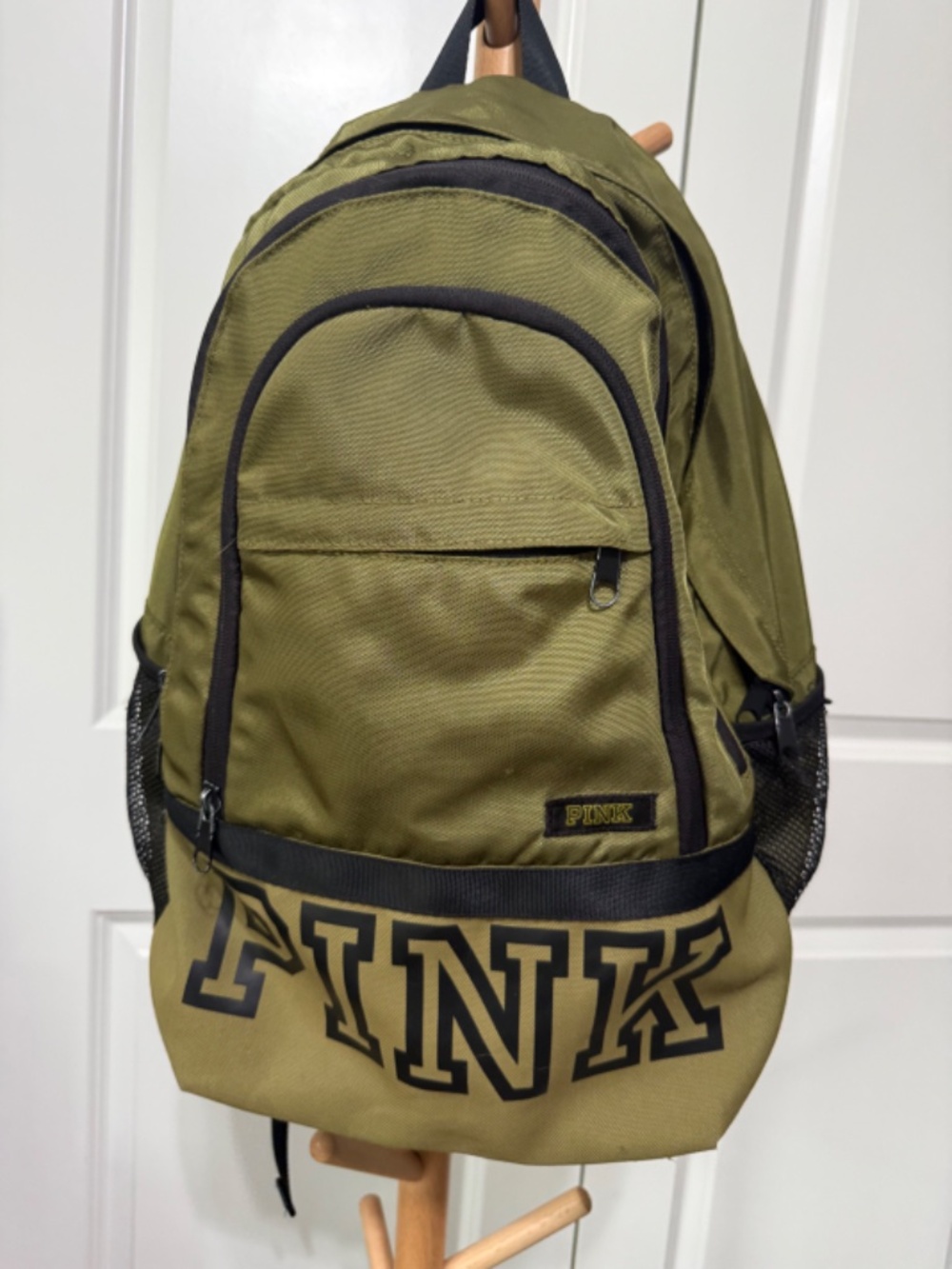 Victoria's Secret PINK Olive Green Backpack Black Logo Campus School Travel